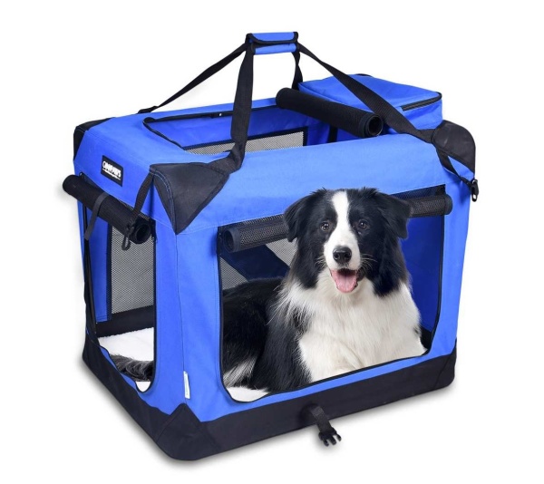 Blue - JESPET Soft Pet Crates Kennel, 3 Door Soft Sided Folding Travel Pet Carrier with Straps and Fleece Mat for Dogs, Cats, Rabbits, Indoor/Outdoor Use with Grey, Blue & Beige, Black - 30"L x 21"W x 23"H
