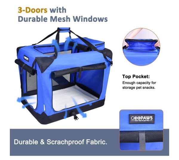 Blue - JESPET Soft Pet Crates Kennel, 3 Door Soft Sided Folding Travel Pet Carrier with Straps and Fleece Mat for Dogs, Cats, Rabbits, Indoor/Outdoor Use with Grey, Blue & Beige, Black - 30"L x 21"W x 23"H