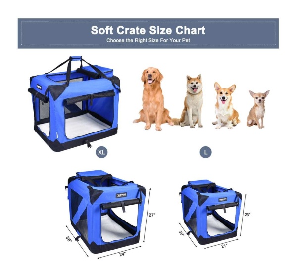 Blue - JESPET Soft Pet Crates Kennel, 3 Door Soft Sided Folding Travel Pet Carrier with Straps and Fleece Mat for Dogs, Cats, Rabbits, Indoor/Outdoor Use with Grey, Blue & Beige, Black - 30"L x 21"W x 23"H