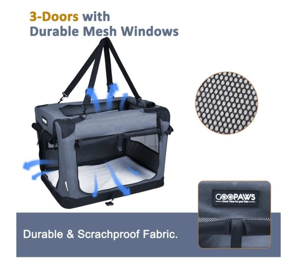 Grey - JESPET Soft Pet Crates Kennel, 3 Door Soft Sided Folding Travel Pet Carrier with Straps and Fleece Mat for Dogs, Cats, Rabbits, Indoor/Outdoor Use with Grey, Blue & Beige, Black - 36"L x 24"W x 27"H