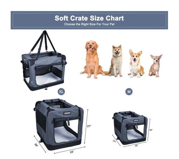 Grey - JESPET Soft Pet Crates Kennel, 3 Door Soft Sided Folding Travel Pet Carrier with Straps and Fleece Mat for Dogs, Cats, Rabbits, Indoor/Outdoor Use with Grey, Blue & Beige, Black - 36"L x 24"W x 27"H
