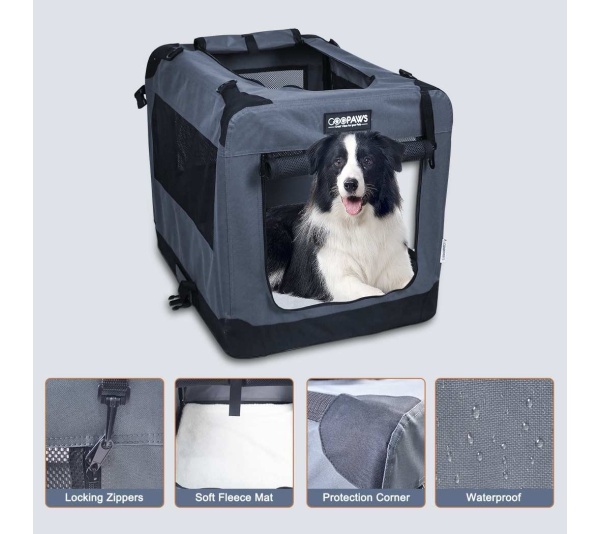 Grey - JESPET Soft Pet Crates Kennel, 3 Door Soft Sided Folding Travel Pet Carrier with Straps and Fleece Mat for Dogs, Cats, Rabbits, Indoor/Outdoor Use with Grey, Blue & Beige, Black - 36"L x 24"W x 27"H