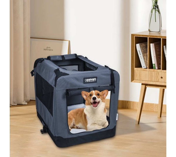 Grey - JESPET Soft Pet Crates Kennel, 3 Door Soft Sided Folding Travel Pet Carrier with Straps and Fleece Mat for Dogs, Cats, Rabbits, Indoor/Outdoor Use with Grey, Blue & Beige, Black - 36"L x 24"W x 27"H