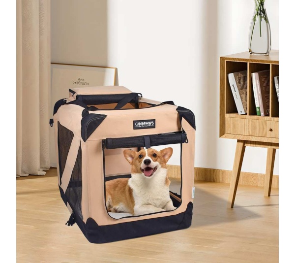 Beige - JESPET Soft Pet Crates Kennel, 3 Door Soft Sided Folding Travel Pet Carrier with Straps and Fleece Mat for Dogs, Cats, Rabbits, Indoor/Outdoor Use with Grey, Blue & Beige, Black - 30"L x 21"W x 23"H