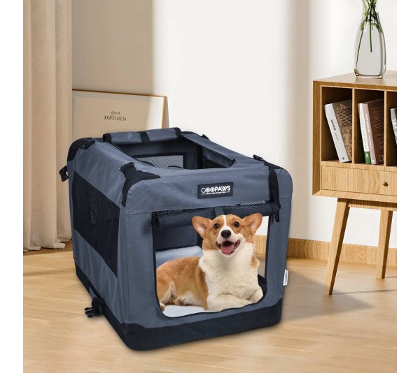 Grey - JESPET Soft Pet Crates Kennel, 3 Door Soft Sided Folding Travel Pet Carrier with Straps and Fleece Mat for Dogs, Cats, Rabbits, Indoor/Outdoor Use with Grey, Blue & Beige, Black - 26"L x 20"W x 20"H