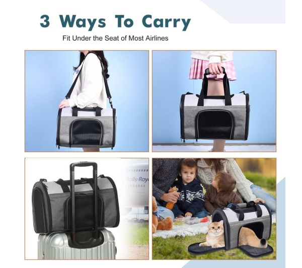 Smoke Grey - JESPET Soft-Sided Kennel Pet Carrier for Small Dogs, Cats, Puppy, Airline Approved Cat Carriers Dog Carrier Collapsible, Travel Handbag & Car Seat - 16" x 10" x 11"