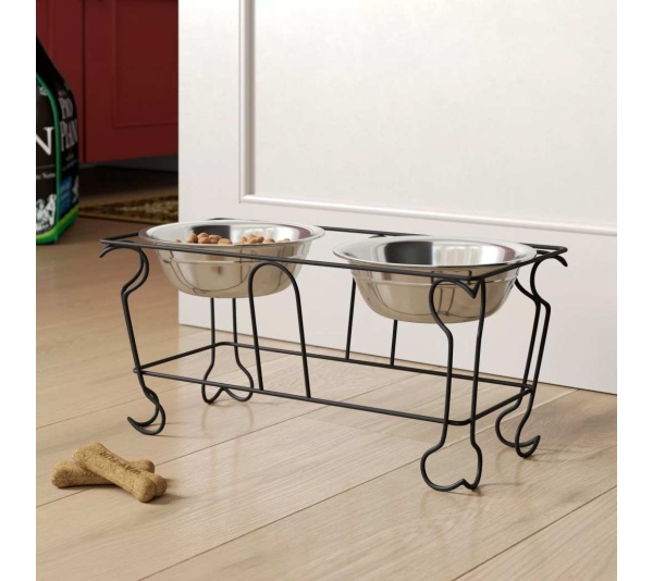 YML Wrought Iron Stand with Double Stainless Steel Feeder Bowls - Large
