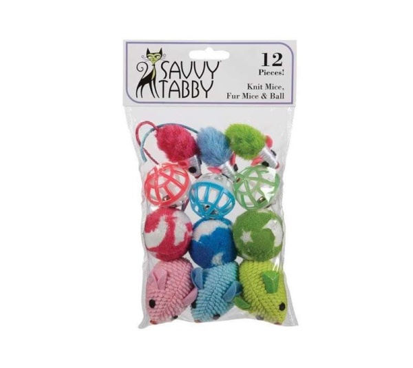 ST Knit Mice Fur Mice & Ball 12Pk