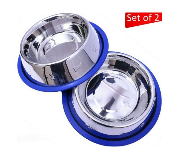 Etched Stainless Steel Dog Bowls with Blue Silicone Base