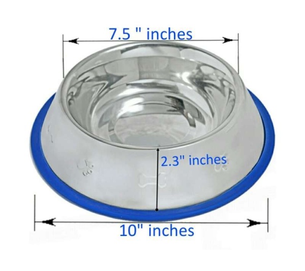 Etched Stainless Steel Dog Bowls with Blue Silicone Base