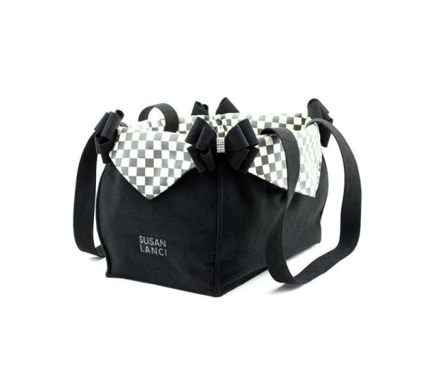 Black - Susan Lanci Designs Black Double Nouveau Bow Luxury Carrier with Windsor Check Flaps - 1