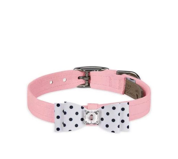 Puppy Pink/Black & White Polka Dot  - Susan Lanci Designs Black & White Polka Dot Big Bow Collar - Large