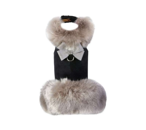 Black - Susan Lanci Designs Platinum Glitzerati Nouveau Bow Silver Fox Faux Fur Coat - XS