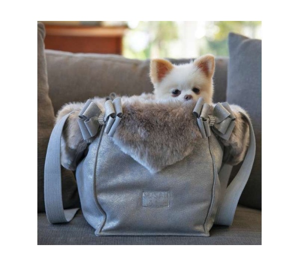 Platinum Glitzerati - Susan Lanci Designs Platinum Glitzerati Double Nouveau Bow Luxury Carrier with Fur Trim - 1