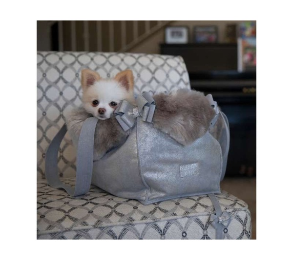 Platinum Glitzerati - Susan Lanci Designs Platinum Glitzerati Double Nouveau Bow Luxury Carrier with Fur Trim - 1