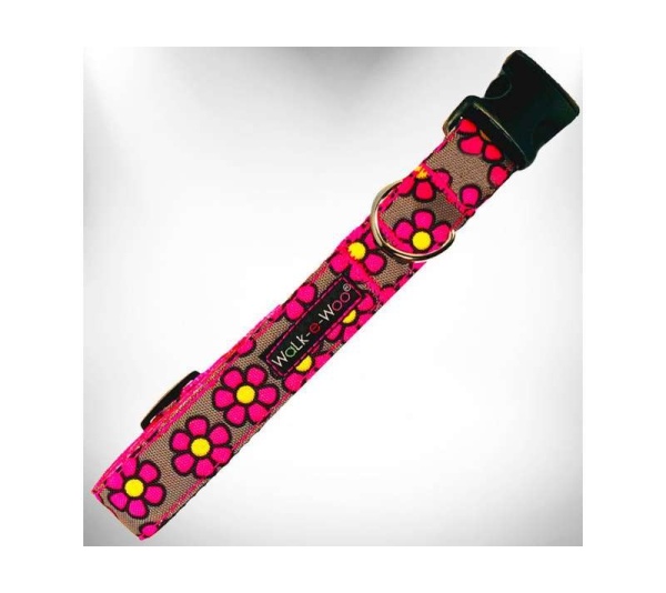 Pink Daisies on Grey - Flower Dog Collars - M 1" width fits 12-18" neck