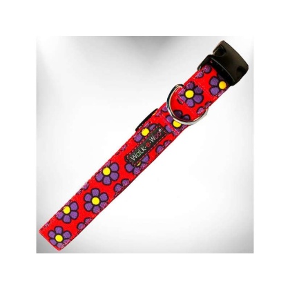 Purple Daisies on Red - Flower Dog Collars - L 1" width fits 14-25" neck