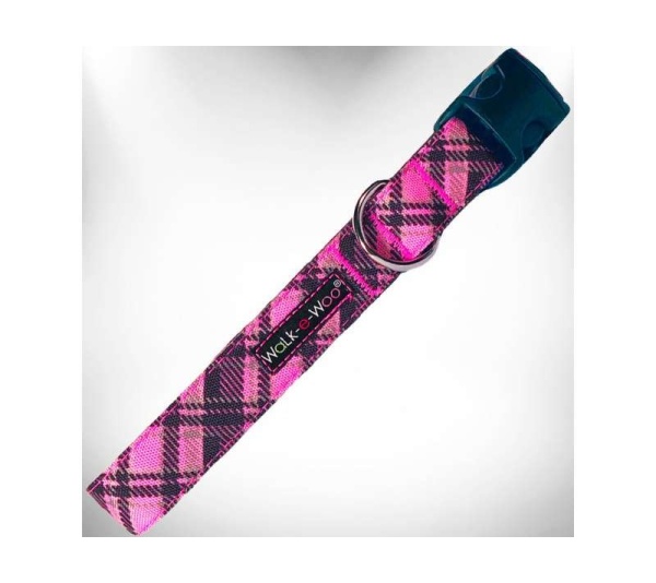 Hot Pink - Plaid Dog Collars - L 1" width fits 14-25" neck
