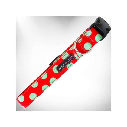 Mint Green Dot on Red - Polka Dot Dog Collars - M 1" width fits 12-18" neck