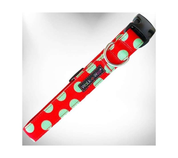 Mint Green Dot on Red - Polka Dot Dog Collars - XL 1.5" wide fits 18-28" neck