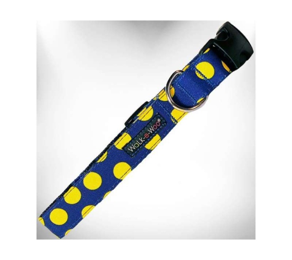 Yellow Dot on Blue - Polka Dot Dog - Neon Collars - L 1" width fits 14-25" neck