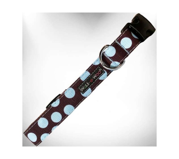 Blue Dot on Brown - Polka Dot Dog Collars - M 1" width fits 12-18" neck