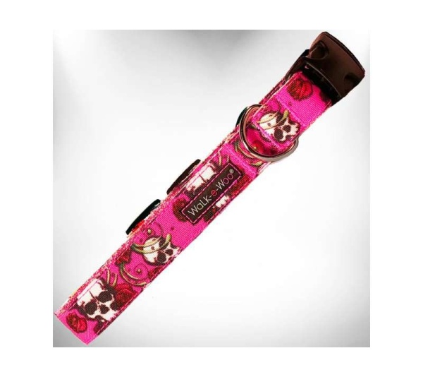 Pink Skulls n' Roses - Tattoo Dog Collars - M 1" width fits 12-18" neck