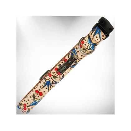 Bluebird & Cherries - Tattoo Dog Collars - S 3/4" width fits 10-14" neck