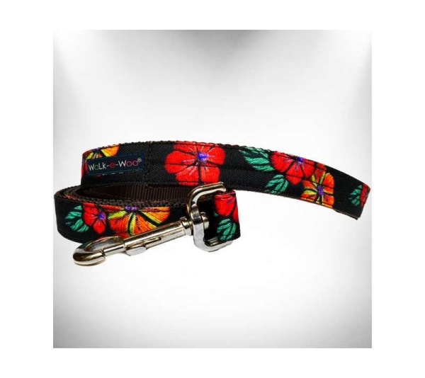 Flowers on Black - Dog Leash - REGULAR 1" width- 5' long