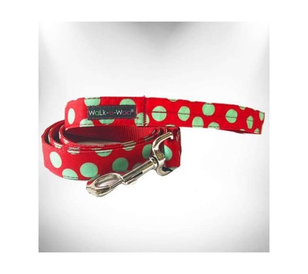 Mint Green Dot on Red - Polka Dot Dog Leads - REGULAR Lead 1" width- 5' length