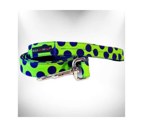 Blue Dot on Green - Polka Dot Dog - Neon Leads  - REGULAR Lead 1" width- 5' length