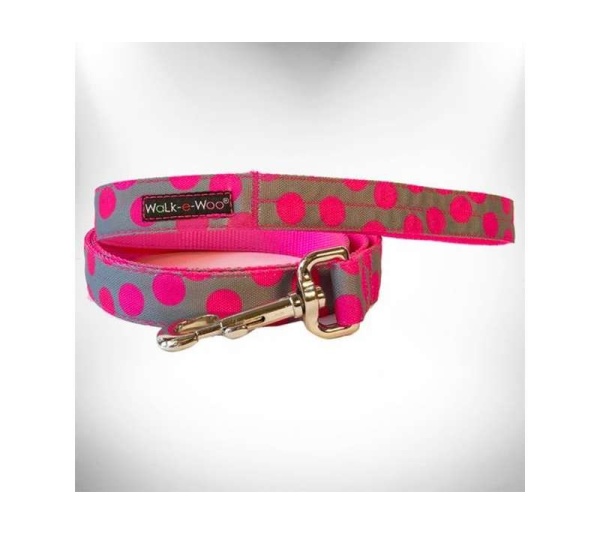 Pink Dot on Grey - Polka Dot Dog - Neon Leads  - THIN Lead 5/8" width- 5' length