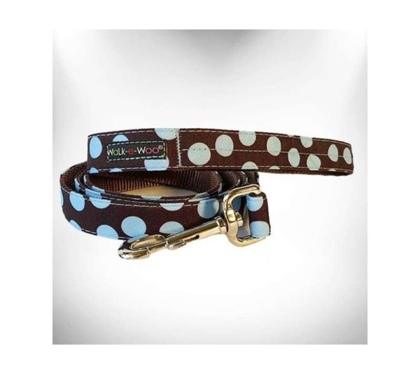 Blue Dot on Brown - Polka Dot Dog Leads  - THIN Lead 5/8" width- 5' length