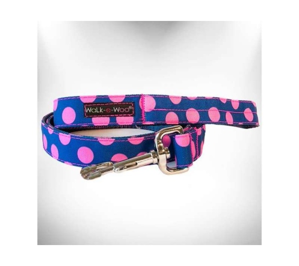 Pink Dot on Blue - Polka Dot Dog Leads  - THIN Lead 5/8" width- 5' length