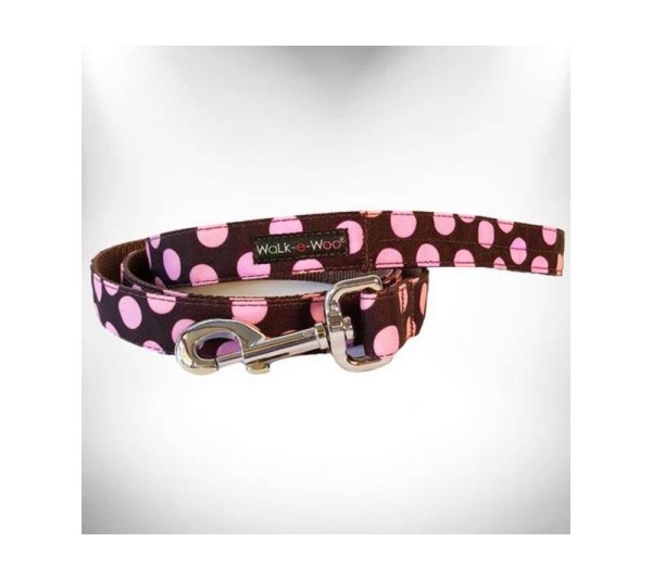 Pink Dot on Brown - Polka Dot Dog Leads  - REGULAR Lead 1" width- 5' length