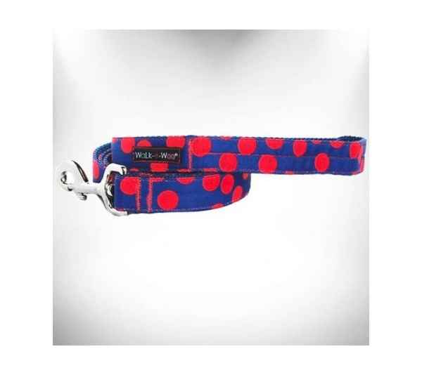 Red Dot on Blue - Polka Dot Dog Leads  - REGULAR Lead 1" width- 5' length