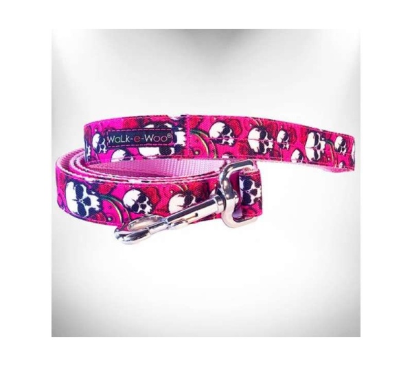 Pink Skulls n' Roses - Tattoo Dog Leads  - THIN Lead 5/8" width- 5' length
