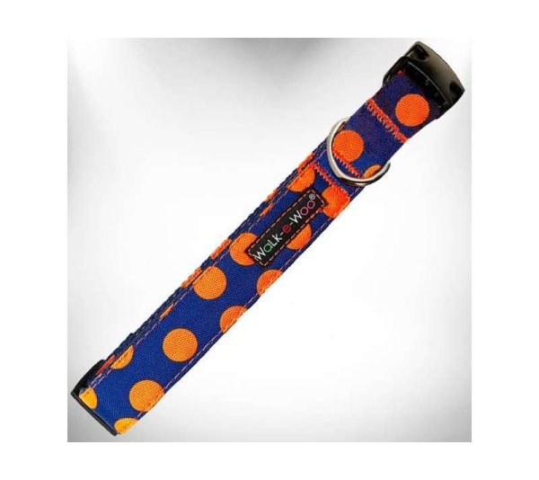 Orange Dot on Blue - Polka Dot Dog Collars - XL 1.5" wide fits 18-28" neck
