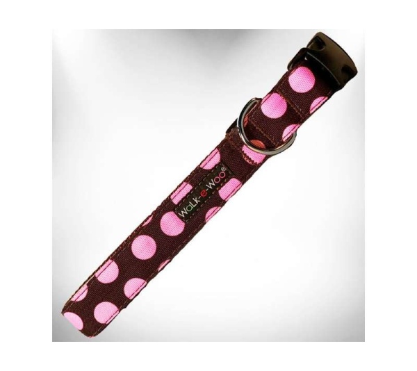 Pink Dot on Brown - Polka Dot Dog Collars - L 1" width fits 14-25" neck