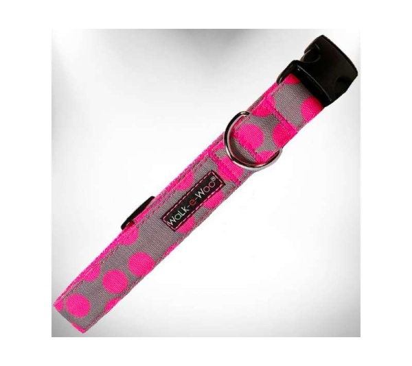 Pink Dot on Grey - Polka Dot Dog - Neon Collars - L 1" width fits 14-25" neck