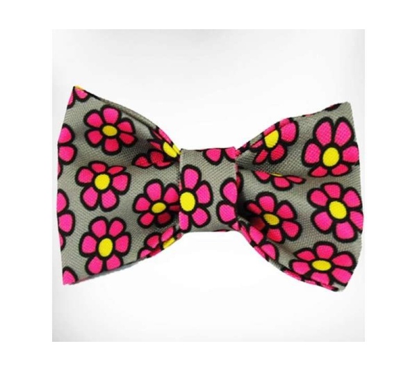 Pink Daisies on Grey - Flower Dog Bow Tie