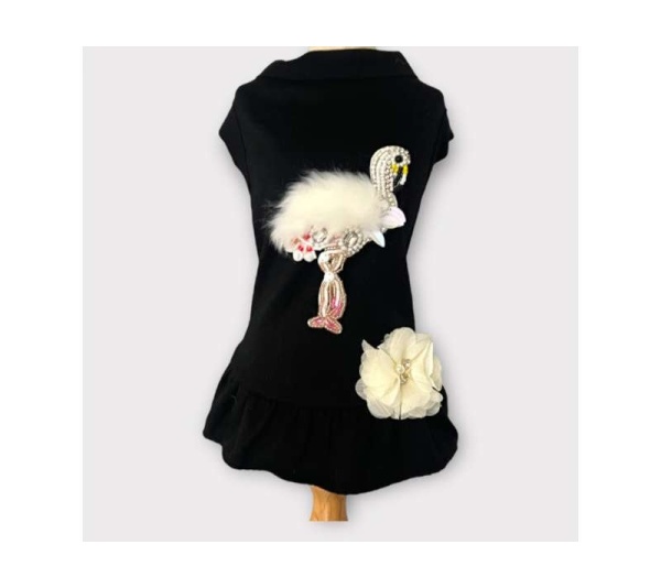 Beaded Fur and Rhinestone Flamingo- Dog Dress - X Small