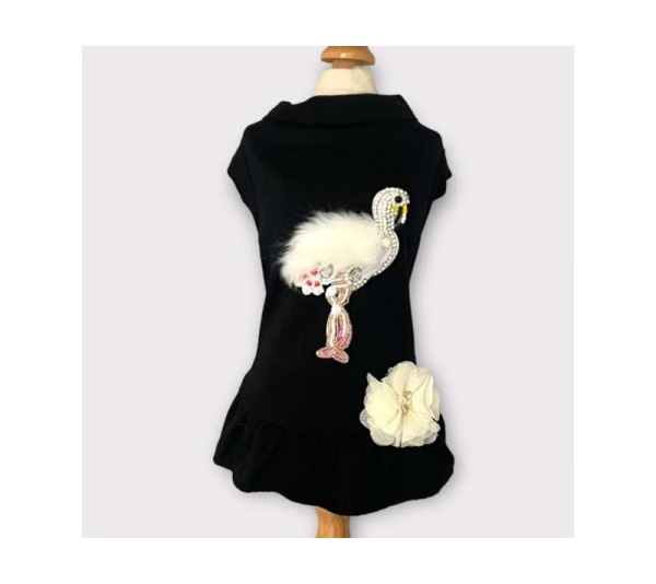 Beaded Fur and Rhinestone Flamingo- Dog Dress - X Small