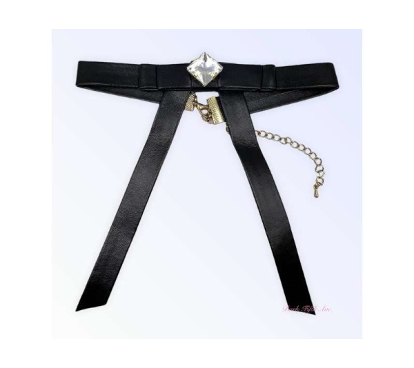 Black Vegan Leather Long Bow Necklace