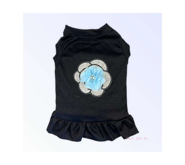 BLUE FLOWER - Chiffon and Rhinestone Camellia Dress - Small