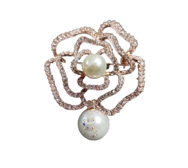 Crystal Camellia Flower Pearl Brooch
