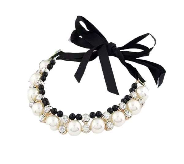 Black - Lovely Pearl Ribbon Necklace - Small