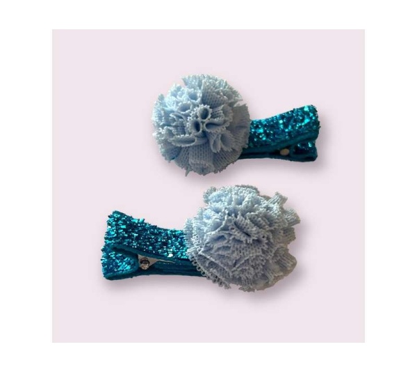 BLUE - Mini Tulle Pom Pom Dog Hair Barrettes