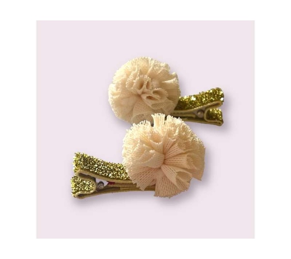 CREAM - Mini Tulle Pom Pom Dog Hair Barrettes