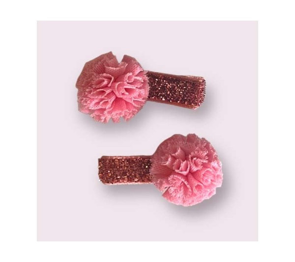 PINK - Mini Tulle Pom Pom Dog Hair Barrettes
